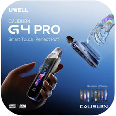 Uwell Caliburn G4 Pro vaping device with hand holding it against a blue background