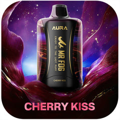 Aura Mr Fog vape device with cherry kiss flavor on a colorful background