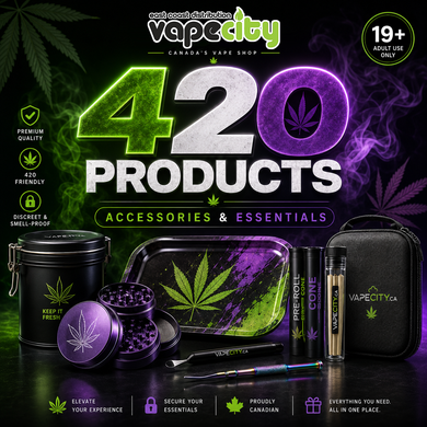 Vapecity 420 products promotional banner on a black background.
