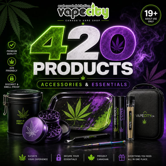 Vapecity 420 products promotional banner on a black background.