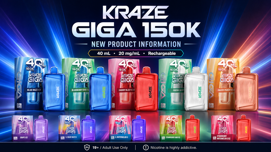 Kraze GIGA disposable vapes on a multi colored background with product information