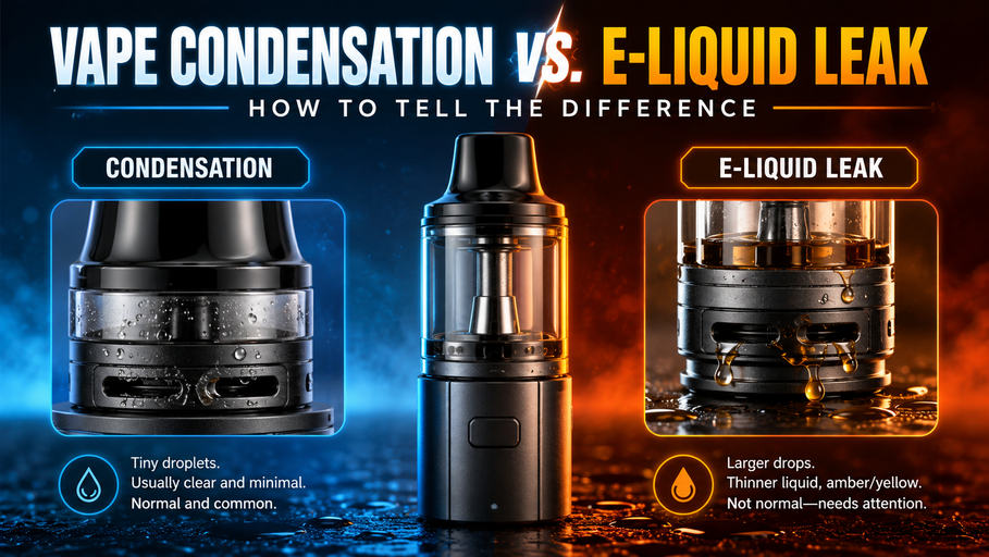 Display showing two vape tanks with condensation and leaking e-liquid on a multi colored background