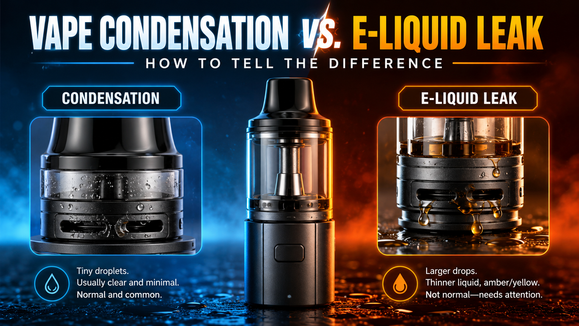 Display showing two vape tanks with condensation and leaking e-liquid on a multi colored background