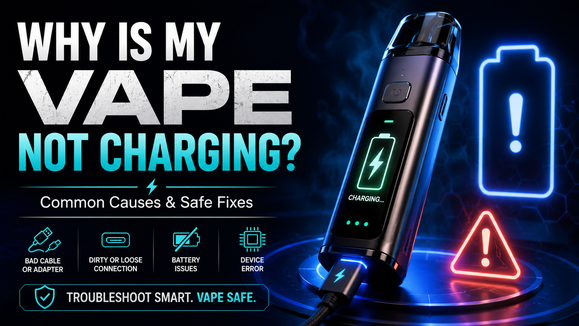 Vape device connected to a charger with battery warning icons and text explaining common vape charging problems and safe fixes.