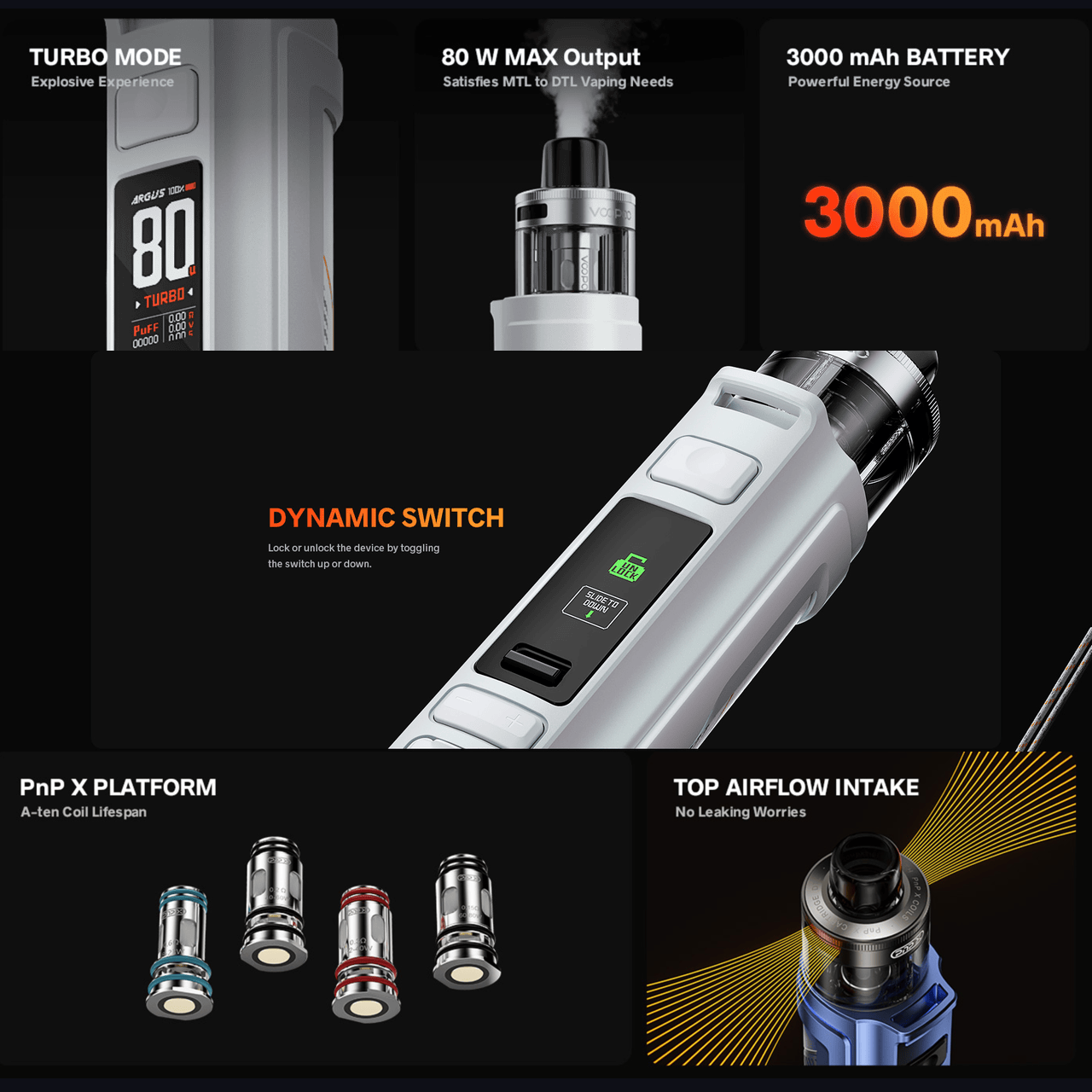 VooPoo Argus Pod Kit Vaping device with features highlighted on a black background
