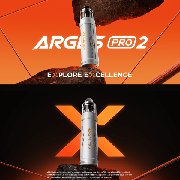 ARGUS PRO 2 vaping device on an orange and black background with 'Explore Excellence' text.