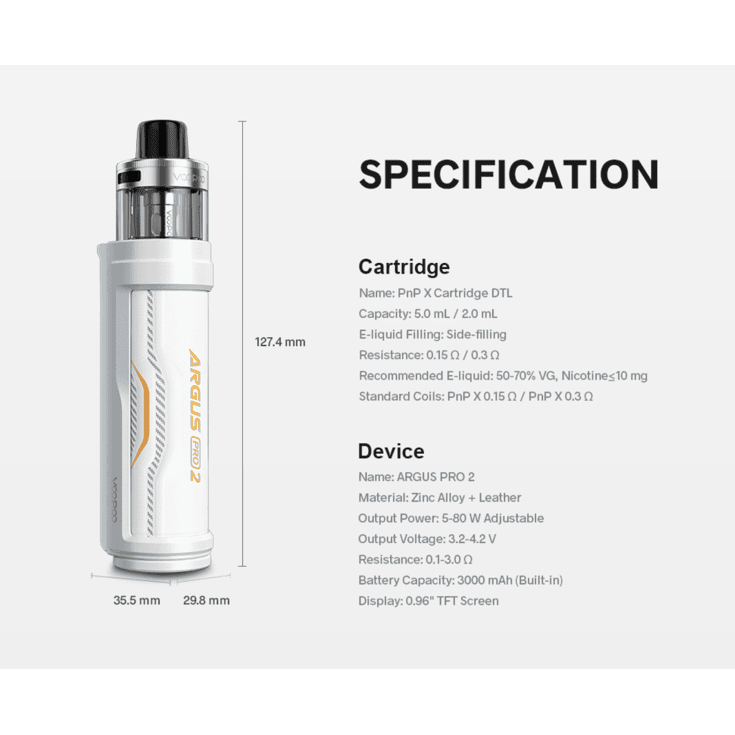 VooPoo Argus PRO 2 pod device with specifications on a white background