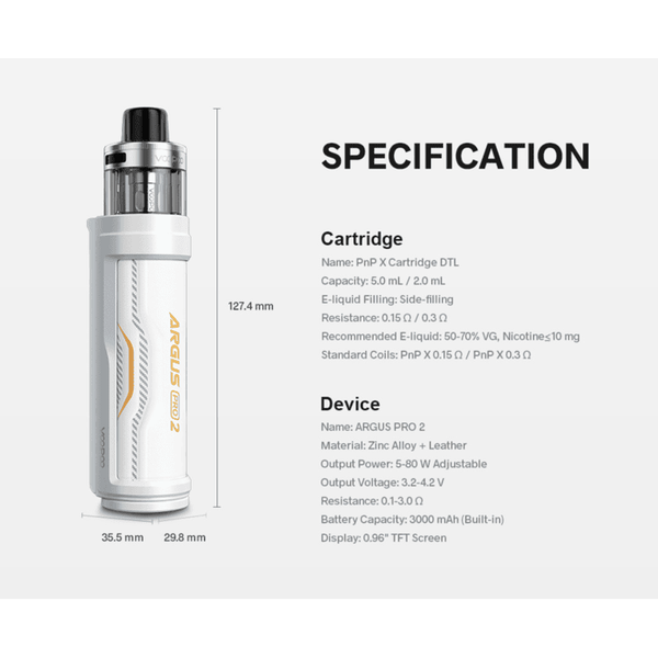 VooPoo Argus PRO 2 pod device with specifications on a white background