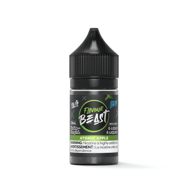 A 30ml bottle of Flavour Beast 'Atomic Apple' e-liquid by Slutz, featuring a black bottle and cap with a green and white label, set against a plain white background.