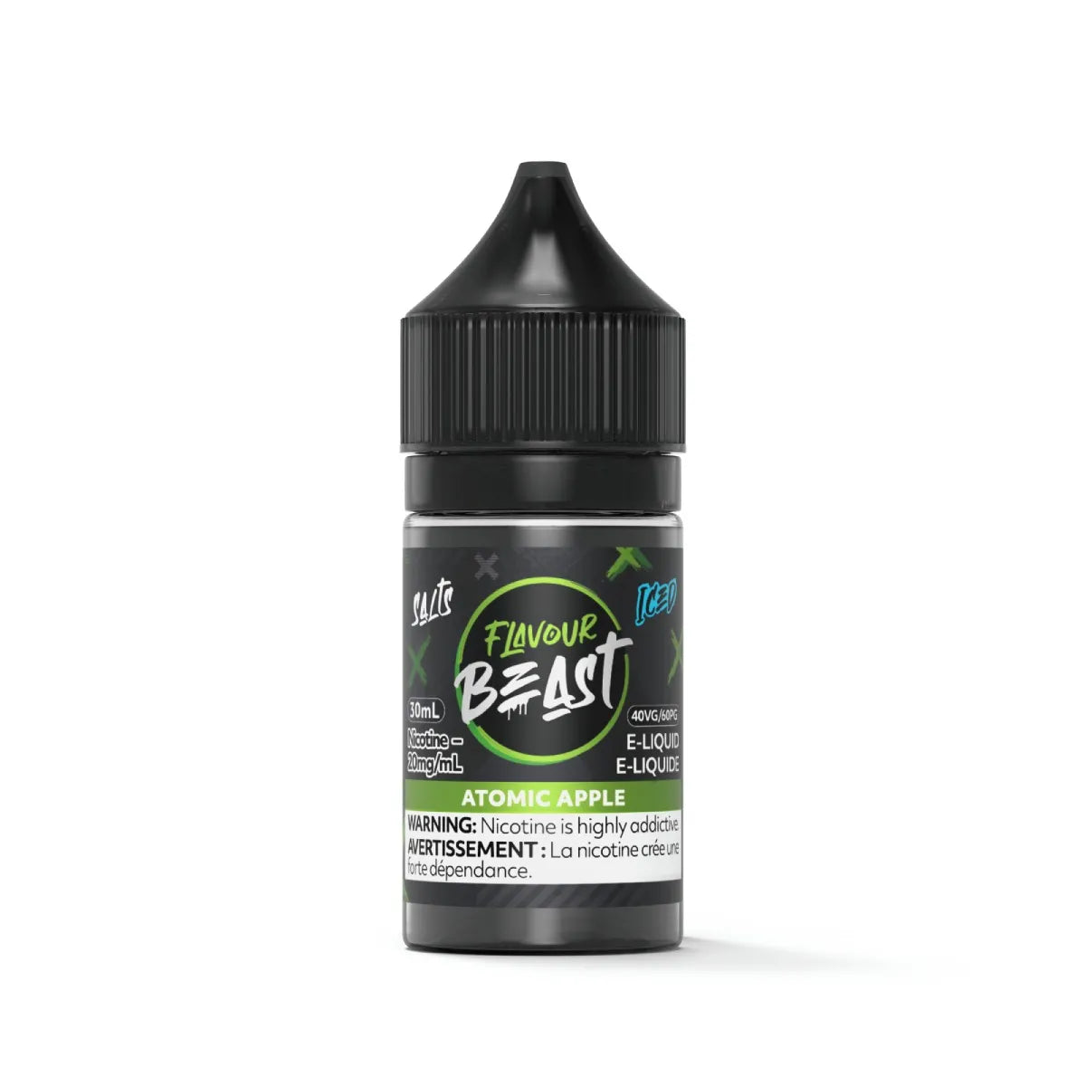 A 30ml bottle of Flavour Beast 'Atomic Apple' e-liquid by Slutz, featuring a black bottle and cap with a green and white label, set against a plain white background.