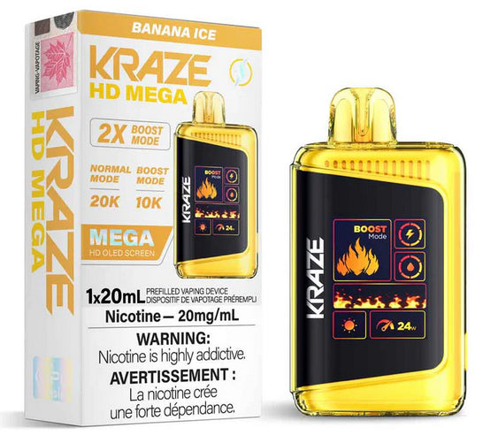 Kraze HD Mega disposable vape Banana flavor on a white background.