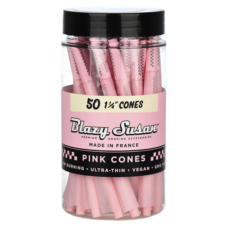 A clear plastic jar filled with pink Blazy Susan rolling cones, sealed with a black lid and wrapped in a pink and black label that reads '50 1 1/4" CONES' and 'Blazy Susan'.