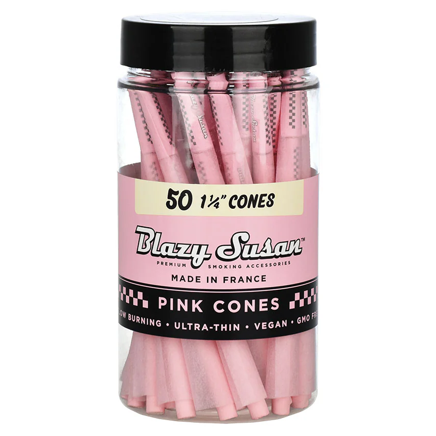A clear plastic jar filled with pink Blazy Susan rolling cones, sealed with a black lid and wrapped in a pink and black label that reads '50 1 1/4