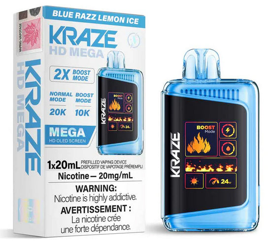 Kraze HD Mega disposable vape Blue Razz Lemon Ice flavor on a white background.