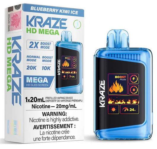 Kraze HD Mega disposable vape Blueberry Kiwi Ice flavor on a white background.