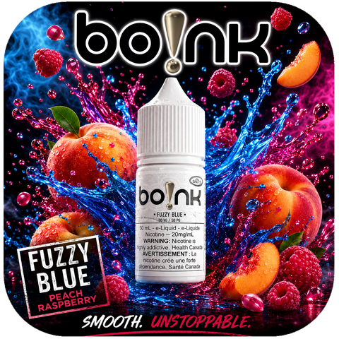 bo!nk Fuzzy Blue peach raspberry e-liquid bottle with colorful fruit background