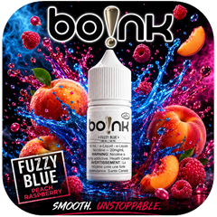 bo!nk Fuzzy Blue peach raspberry e-liquid bottle with colorful fruit background