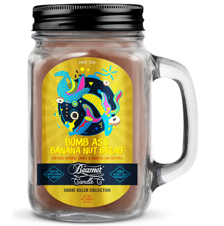 Jar candle with colorful label featuring a horse design, labeled 'Bomb Ass Banana Nut Bread', on a white background.