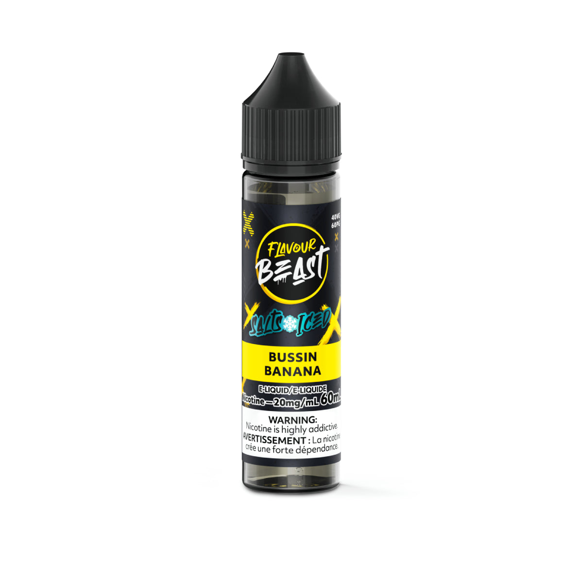 Vape juice bottle labeled 'Flavour Beast Bussin Banana' on a white background