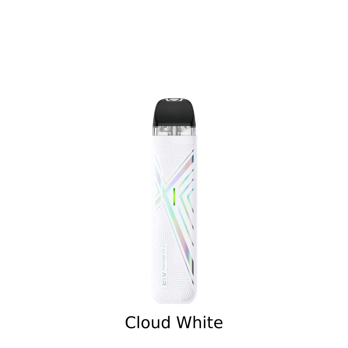 A slim white disposable vape device labeled 'Cloud White' at the bottom, featuring a black mouthpiece and iridescent geometric line accents on its body.