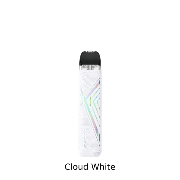 A slim white disposable vape device labeled 'Cloud White' at the bottom, featuring a black mouthpiece and iridescent geometric line accents on its body.