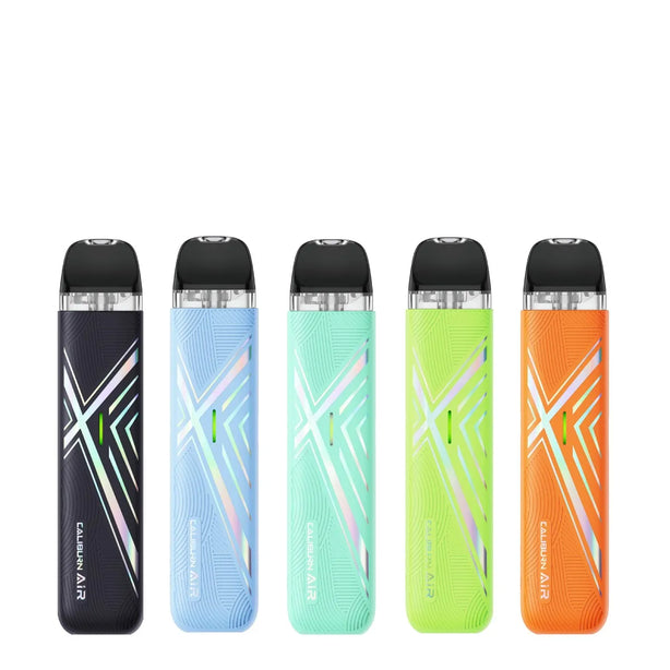 Five Caliburn Air disposable vape devices in different colors (black, light blue, mint green, lime green, and orange) lined up horizontally on a white background.