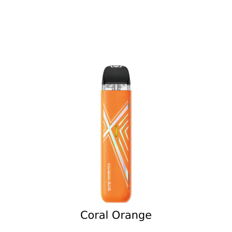 An orange disposable vape device with a black mouthpiece and white geometric accents, shown on a white background with the text 'Coral Orange' underneath.
