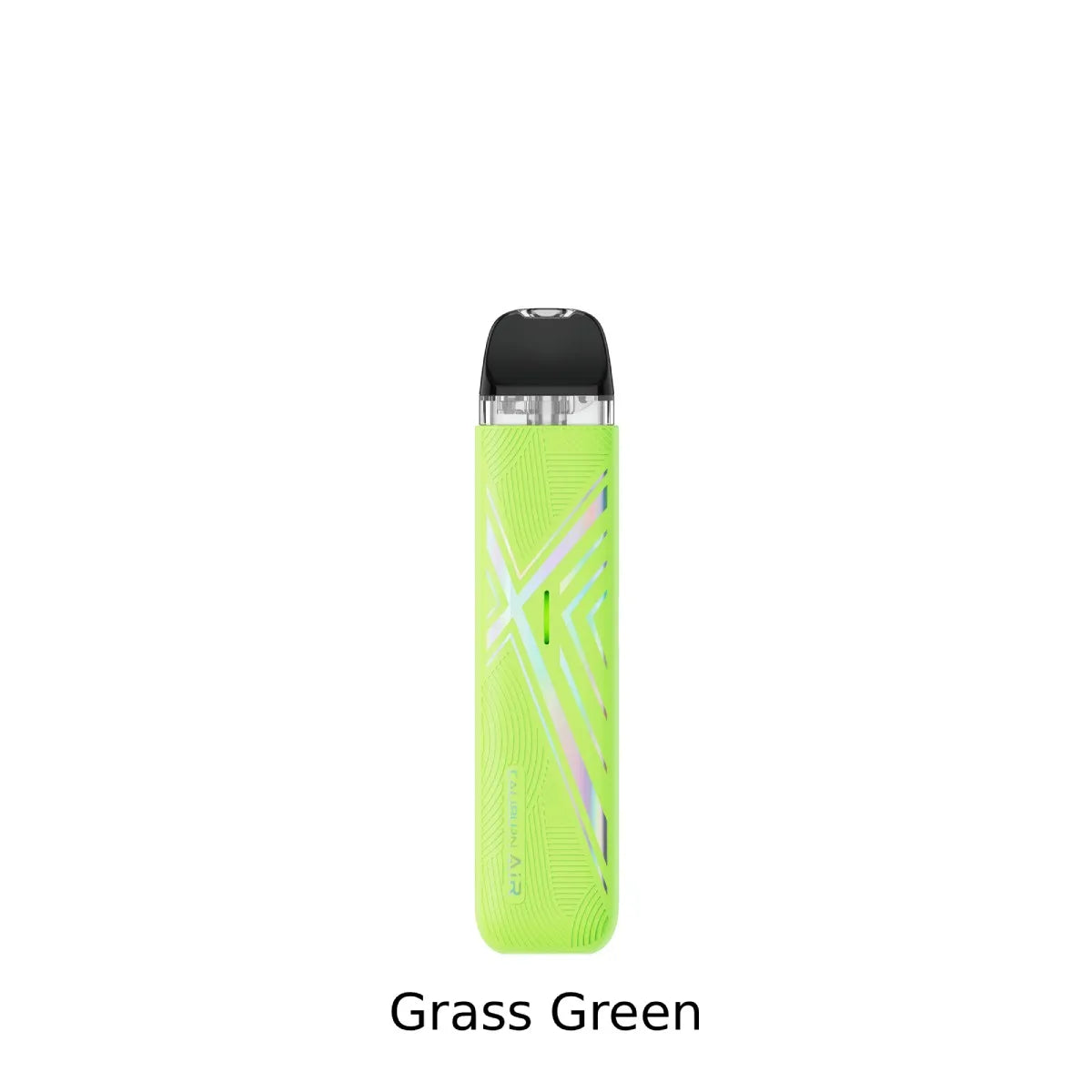 A slim rectangular disposable vape device in bright grass green with a black mouthpiece, shown on a plain white background with the text 'Grass Green' below.
