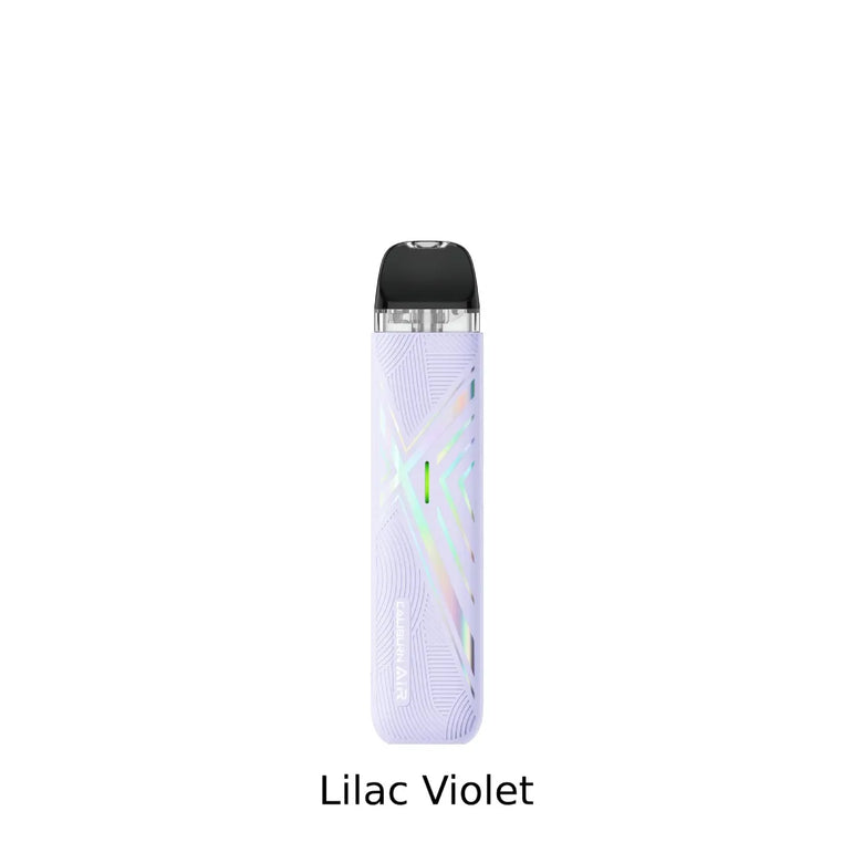 A slim rectangular vape device in lilac violet with a black mouthpiece and subtle iridescent geometric line accents, shown on a white background with the text 'Lilac Violet' below.