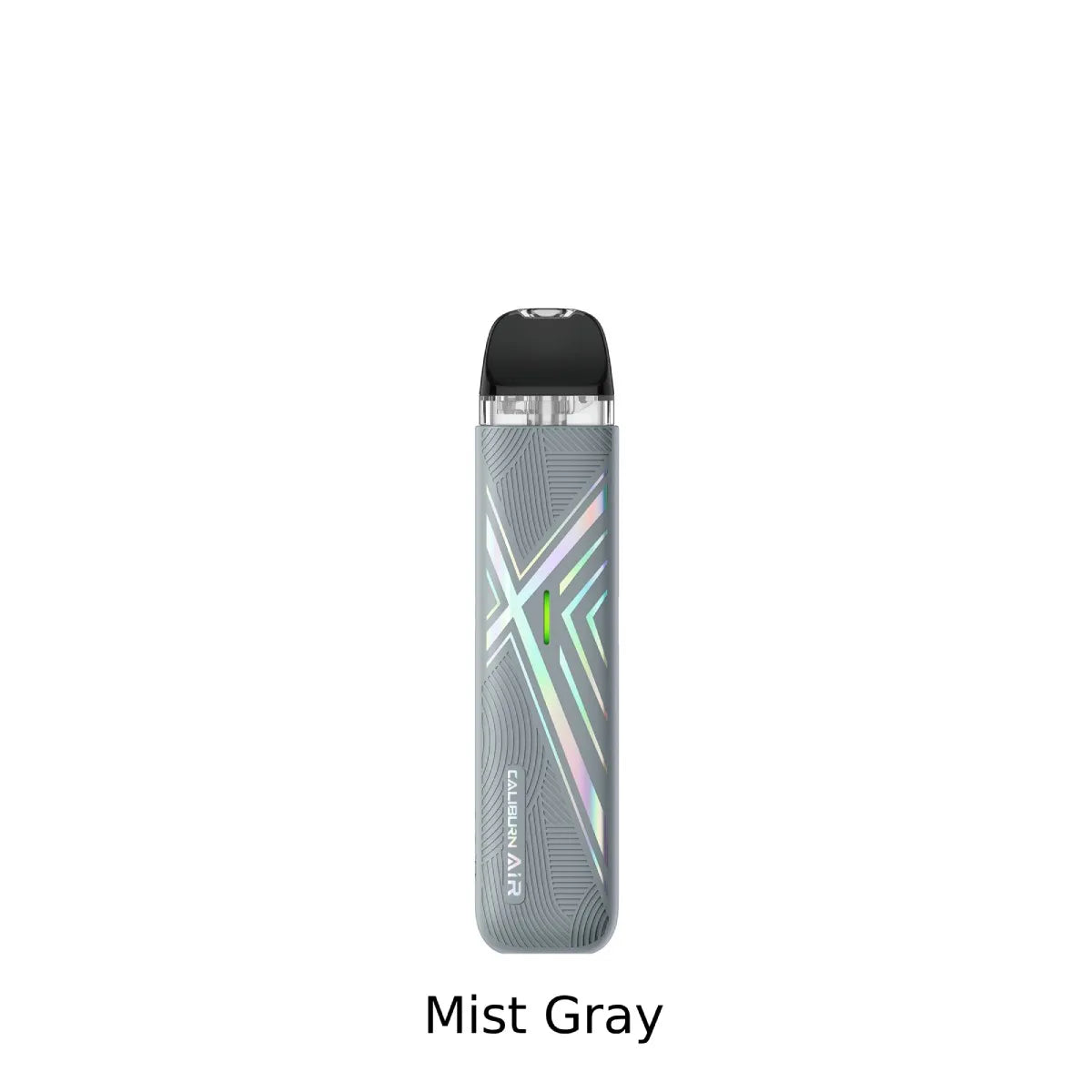 A single vape device shown upright on a plain white background with the text 'Mist Gray' below it. The device is primarily mist gray with a black mouthpiece and small iridescent geometric accents on the front.