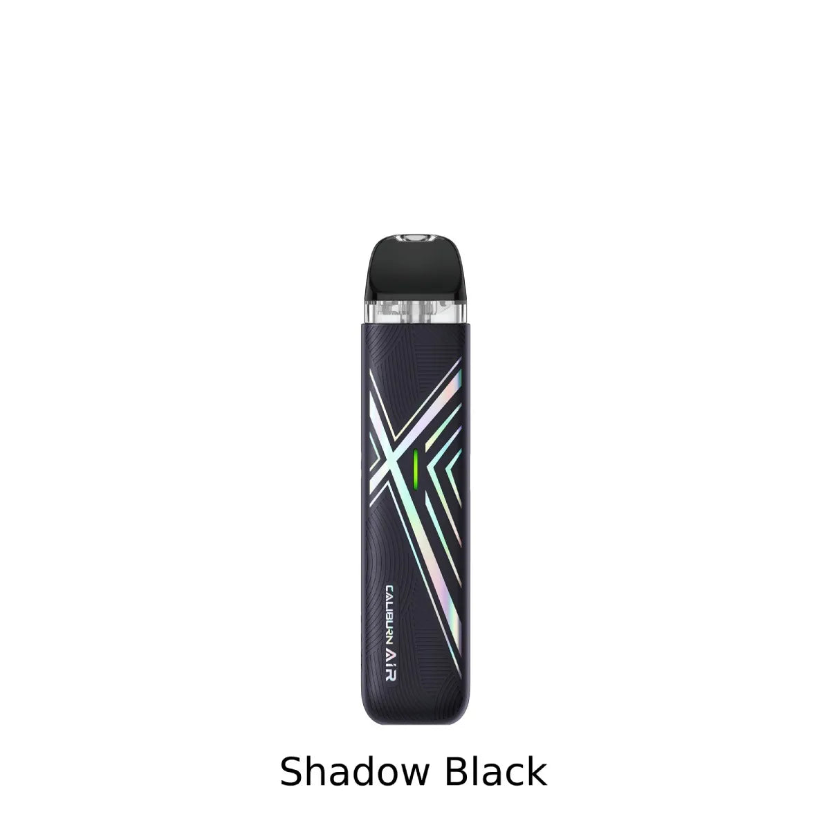 A single vape device shown upright on a plain white background, with the text 'Shadow Black' below it. The device is predominantly black with a glossy finish and a geometric iridescent line pattern on the front.