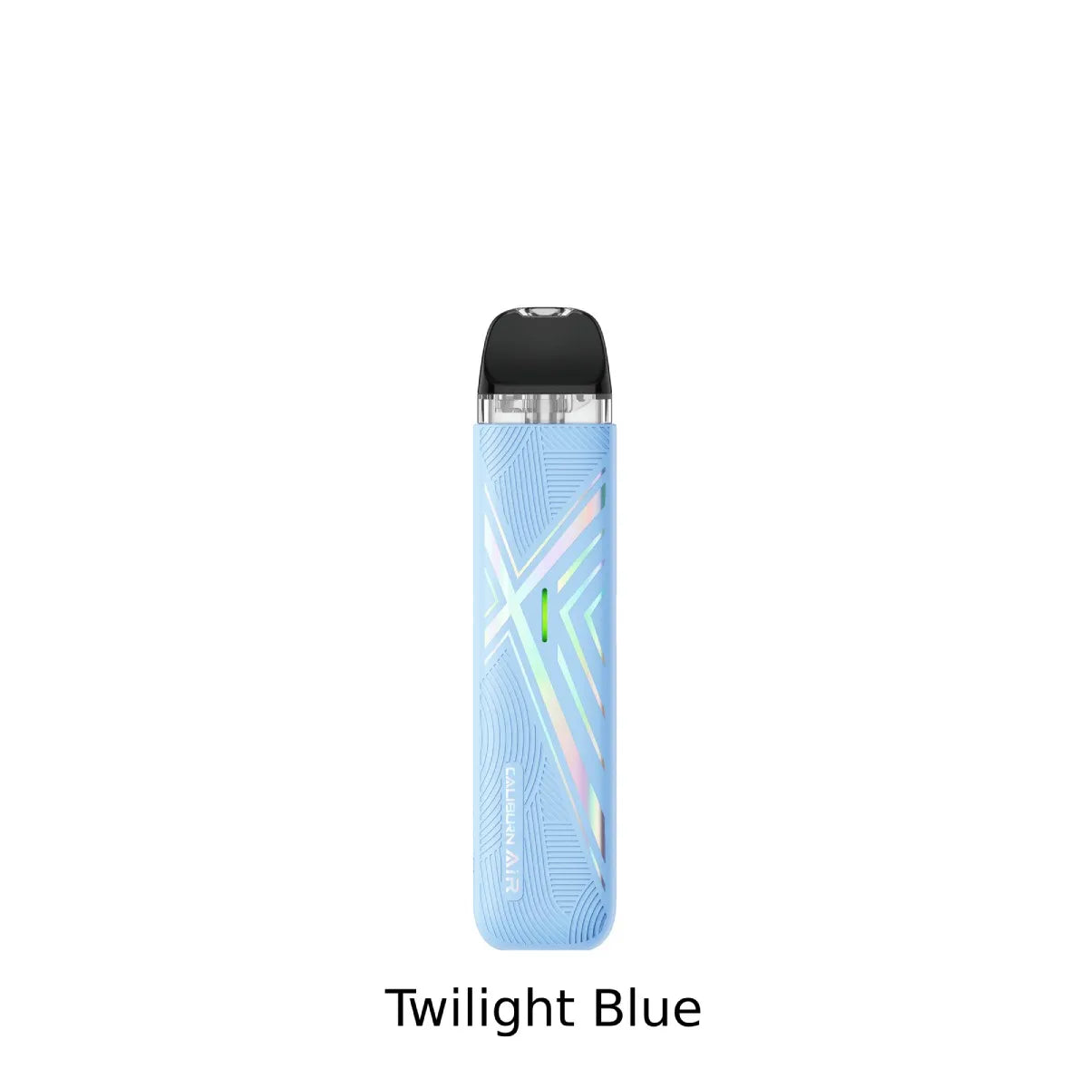 A light blue disposable vape device with a black mouthpiece and a subtle iridescent geometric pattern, shown on a white background with the text 'Twilight Blue' underneath.