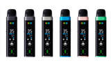 Row of electronic devices with digital displays on a white background