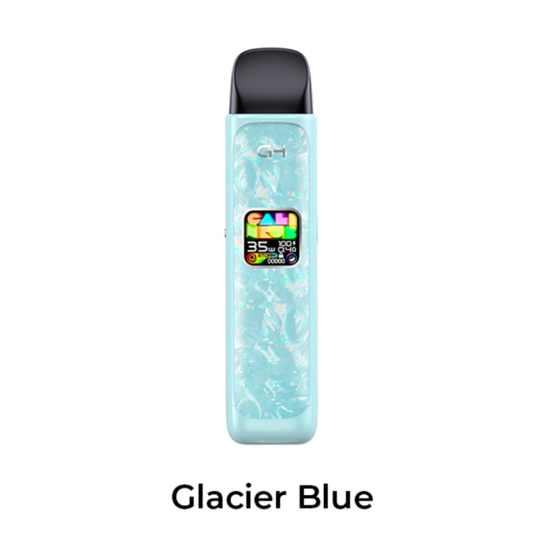 A slim rectangular vape device in Glacier Blue with a marbled icy blue finish, a black mouthpiece, and a colorful digital display screen, shown on a plain white background with the text 'Glacier Blue' underneath.