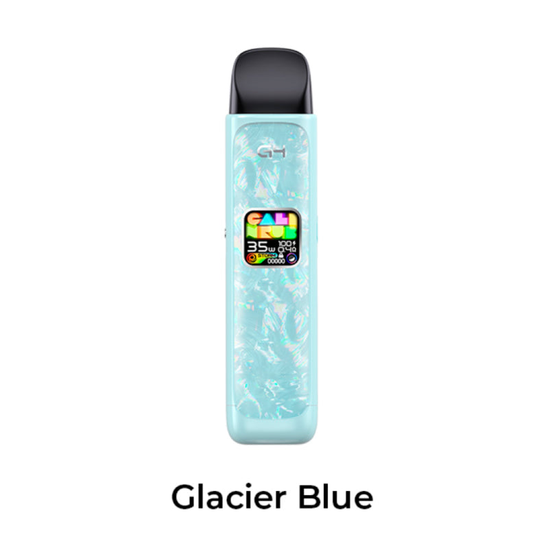 A slim rectangular vape device in Glacier Blue with a marbled icy blue finish, a black mouthpiece, and a colorful digital display screen, shown on a plain white background with the text 'Glacier Blue' underneath.