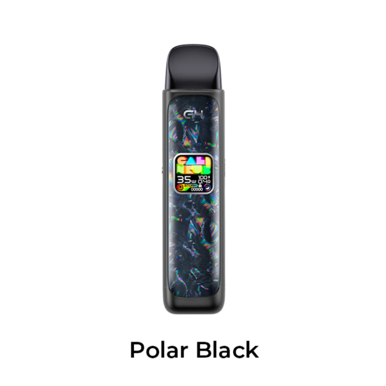 A vape device with a dark, holographic iridescent pattern on a black body, shown against a plain white background with the text 'Polar Black' underneath.