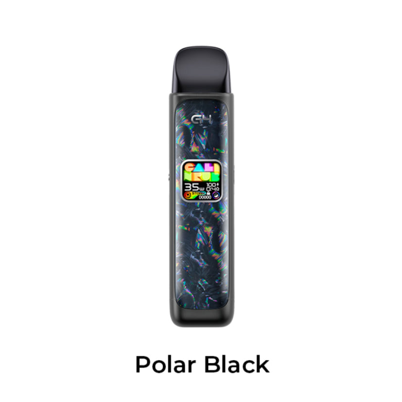 A vape device with a dark, holographic iridescent pattern on a black body, shown against a plain white background with the text 'Polar Black' underneath.