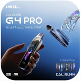Uwell Caliburn G4 Pro vaping device with hand holding it against a blue background