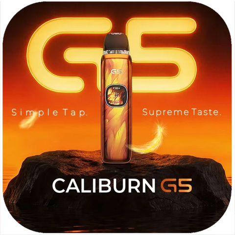 Caliburn G5 vape device with glowing 'GS' logo on an orange background