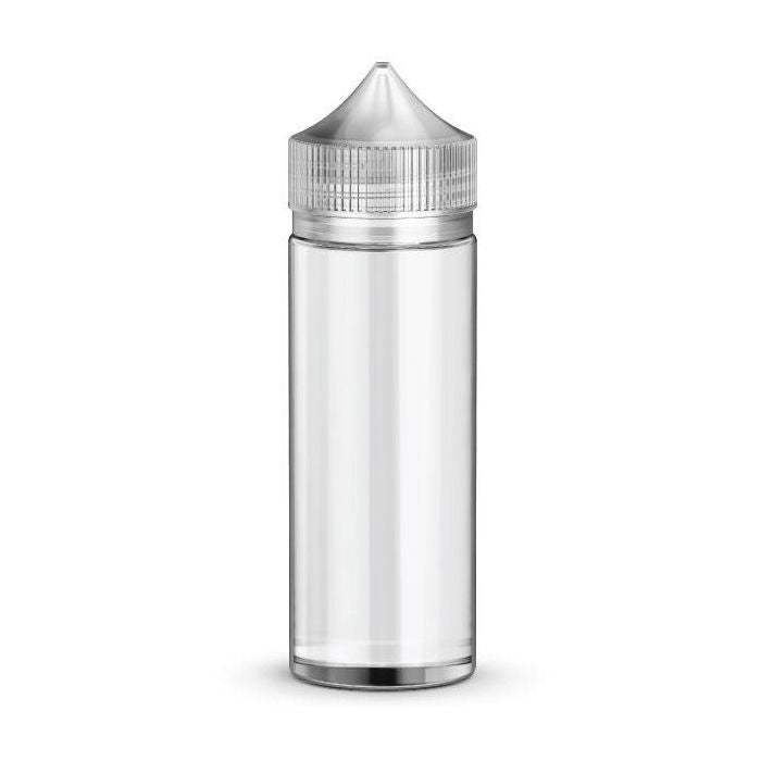A clear plastic bottle with a silver metallic cap, shown on a plain white background.