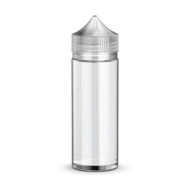 A clear plastic bottle with a silver metallic cap, shown on a plain white background.