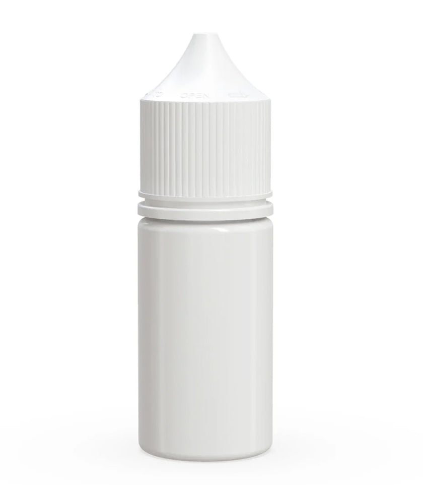 A blank white plastic bottle with a ribbed screw cap, shown against a seamless white background.
