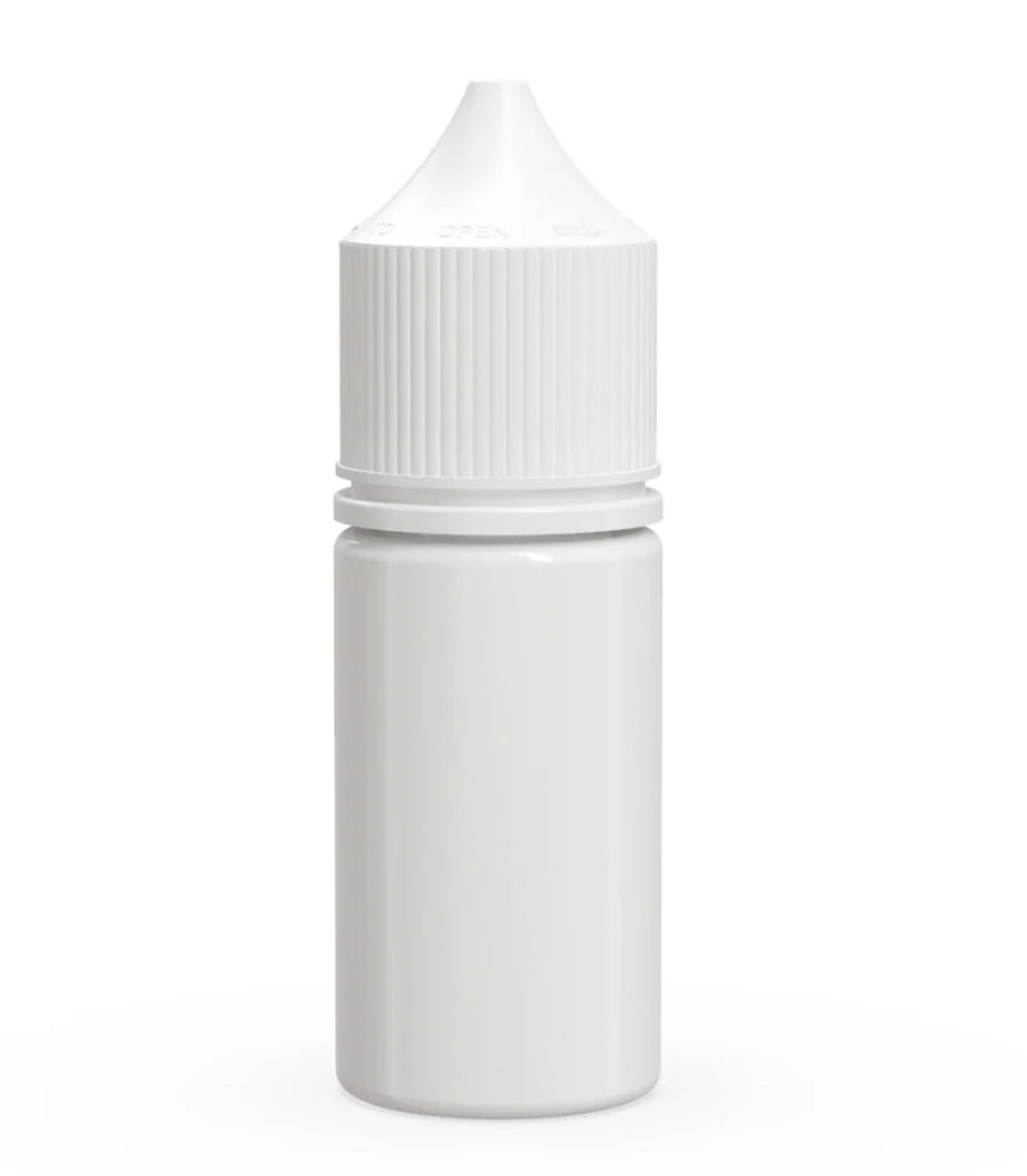 A blank white plastic bottle with a ribbed screw cap, shown against a seamless white background.