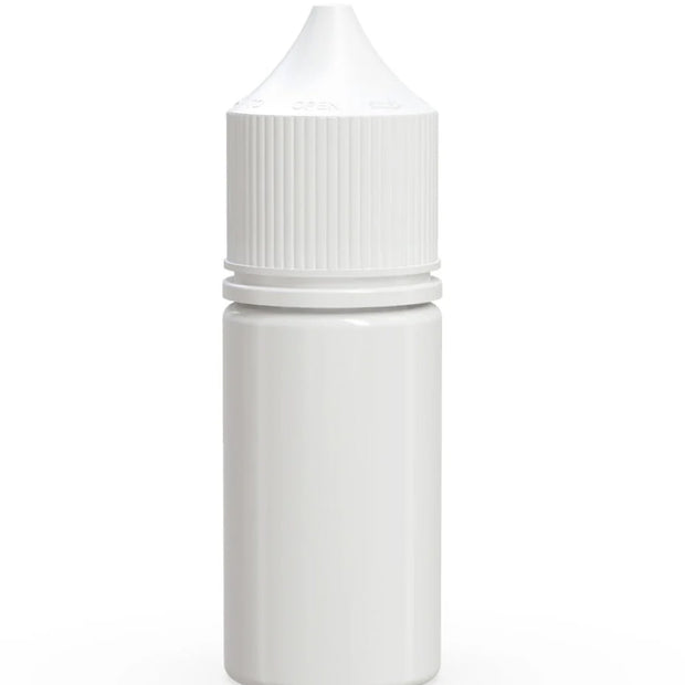A blank white plastic bottle with a ribbed screw cap, shown against a seamless white background.