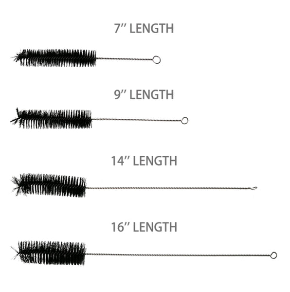 Set of four bong-pipe cleaning brushes with labeled lengths on a white background.