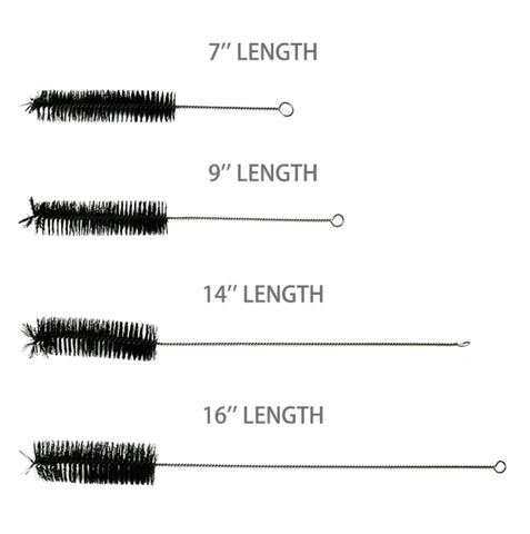 Set of four bong-pipe cleaning brushes with labeled lengths on a white background.