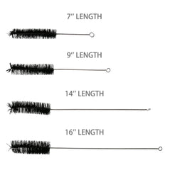 Set of four bong-pipe cleaning brushes with labeled lengths on a white background.