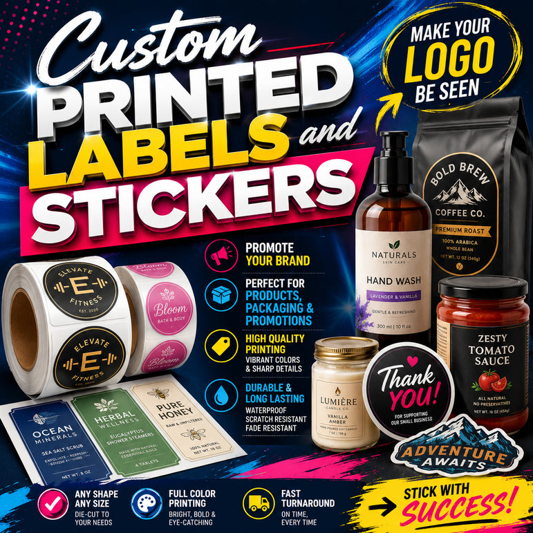 Promotional graphic for custom printed labels and stickers with various product applications.