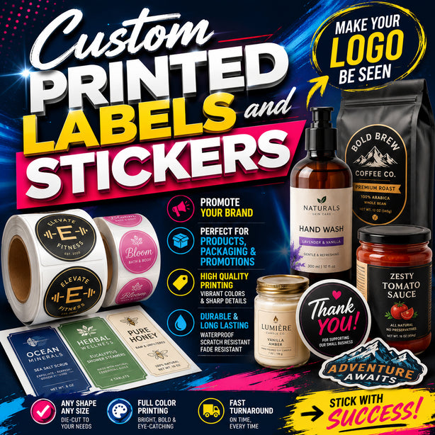 Promotional graphic for custom printed labels and stickers with various product applications.