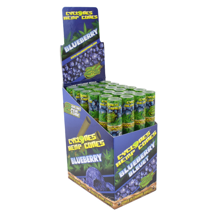 A Cyclones retail display box filled with small green and blue blueberry-flavored hemp cone tubes, photographed on a plain white background.